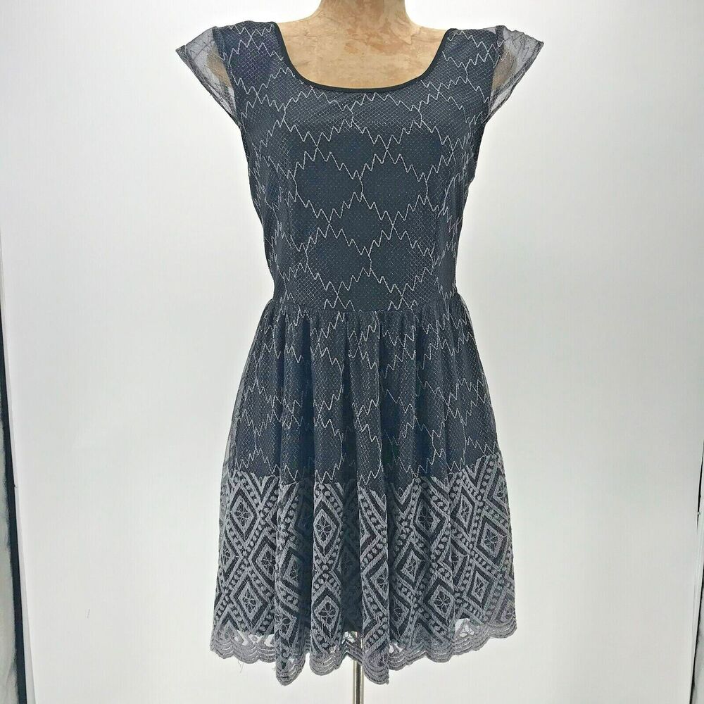 Urban Outfitters Pins & Needles Dress Womens 0 Black Silver Embroidered Lace